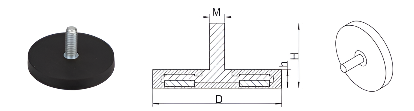 rubber coated round base magnet with male thread