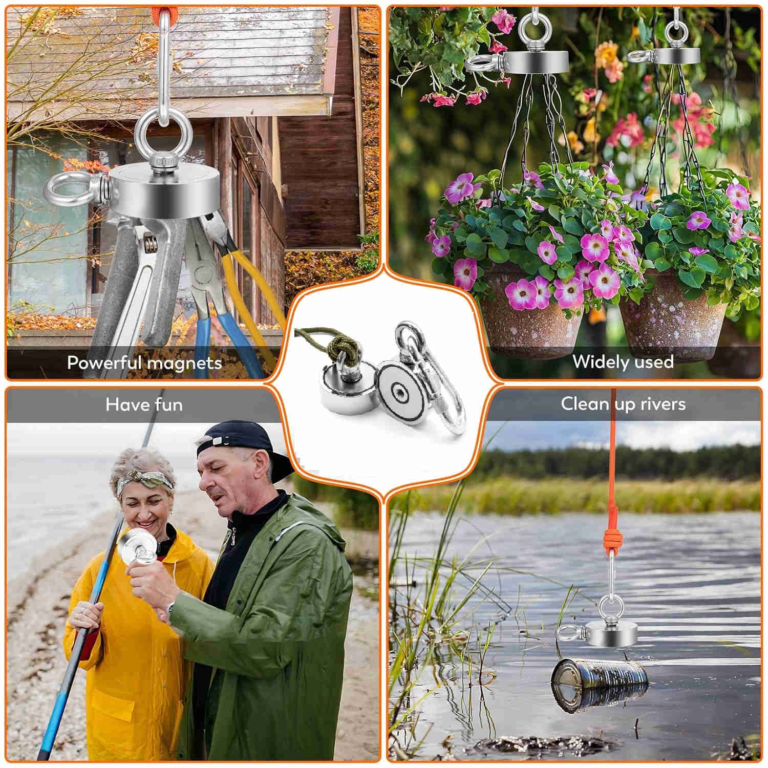 Fishing magnet equipped with stainless steel lifting rings